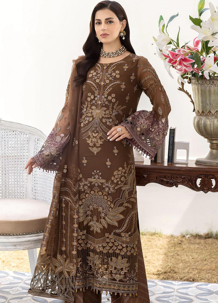 Shafaq By Flossie Embroidered Chiffon Suits Unstitched 3 Piece FS23EX-V7 FE-703 Walnut - Luxury Collection