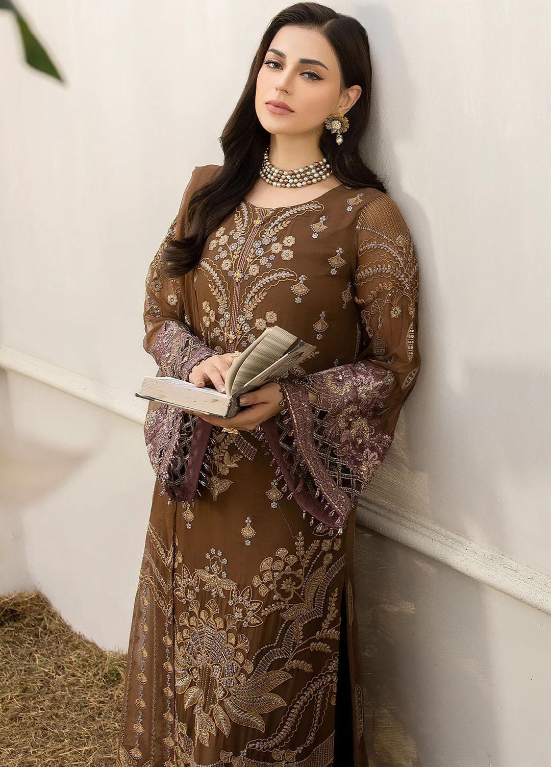 Shafaq By Flossie Embroidered Chiffon Suits Unstitched 3 Piece FS23EX-V7 FE-703 Walnut - Luxury Collection