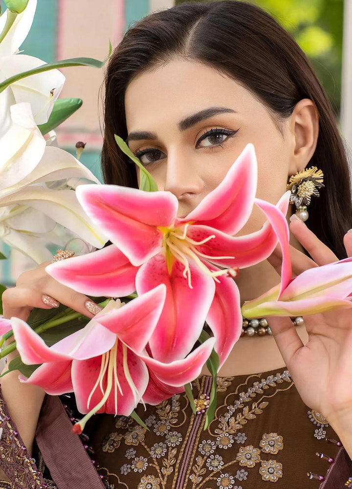 Shafaq By Flossie Embroidered Chiffon Suits Unstitched 3 Piece FS23EX-V7 FE-703 Walnut - Luxury Collection