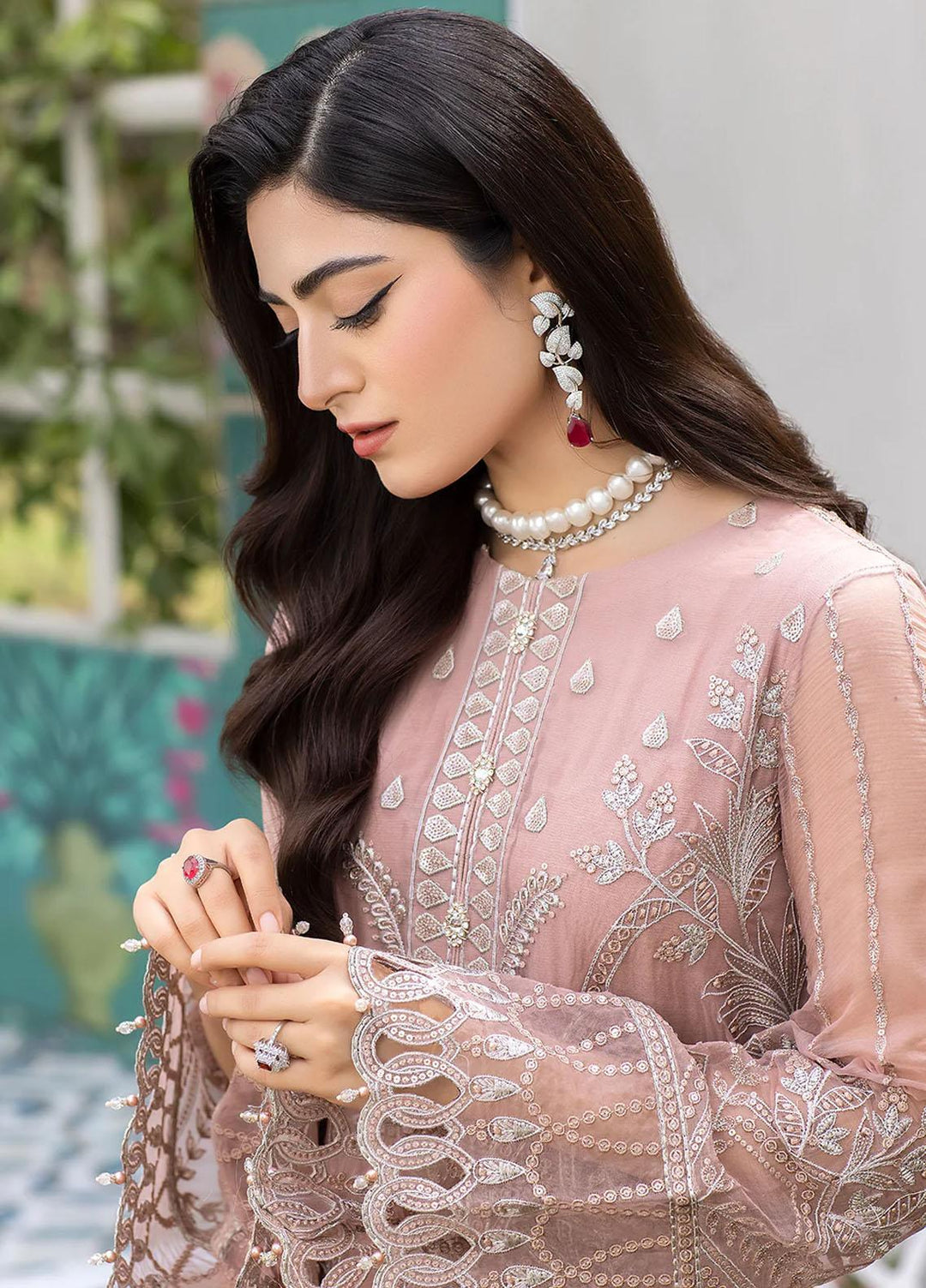 Shafaq By Flossie Embroidered Chiffon Suits Unstitched 3 Piece FS23EX-V7 FE-704 Raspberry - Luxury Collection