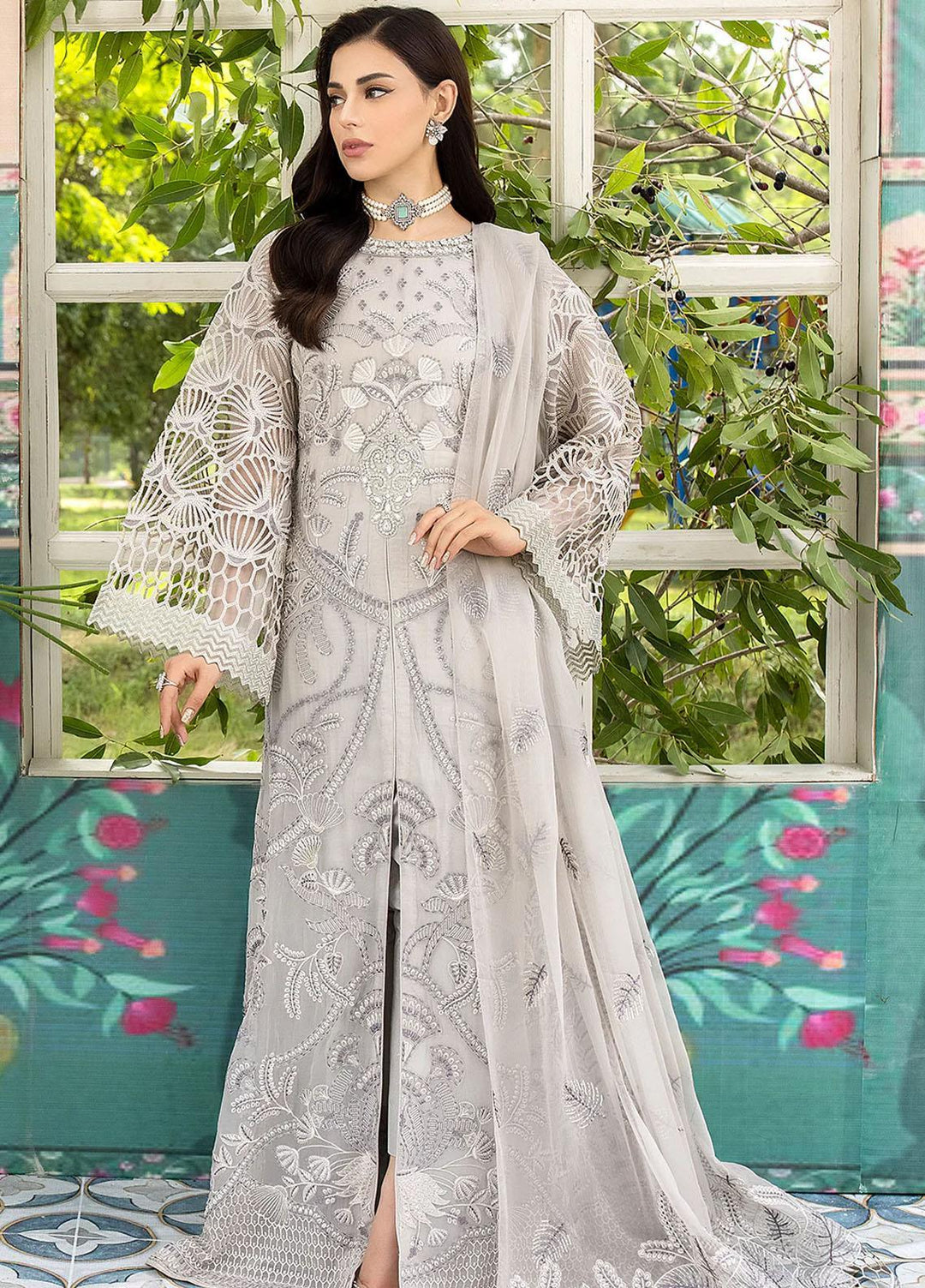 Shafaq By Flossie Embroidered Chiffon Suits Unstitched 3 Piece FS23EX-V7 FE-705 Moon Flower - Luxury Collection