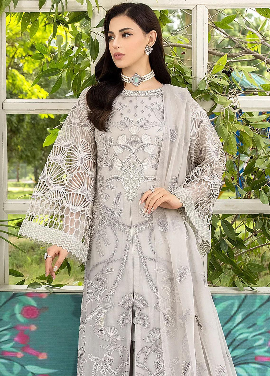 Shafaq By Flossie Embroidered Chiffon Suits Unstitched 3 Piece FS23EX-V7 FE-705 Moon Flower - Luxury Collection