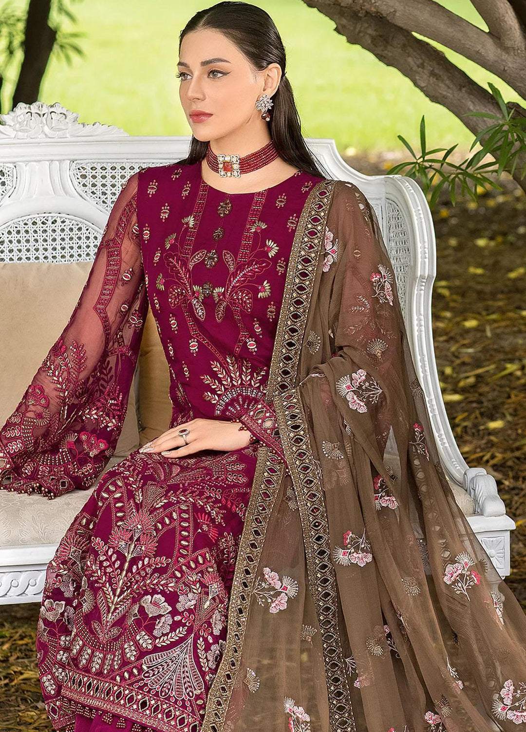Shafaq By Flossie Embroidered Chiffon Suits Unstitched 3 Piece FS23EX-V7 FE-709 Lustrous - Luxury Collection