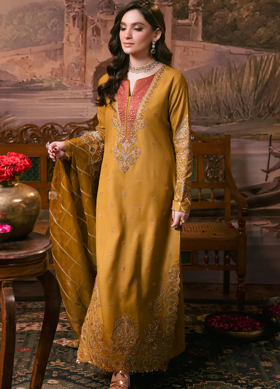 Shagun by Neeshay Embroidered Raw Silk Suit Unstitched 3 Piece NSH24SR Kesar - Festive Collection