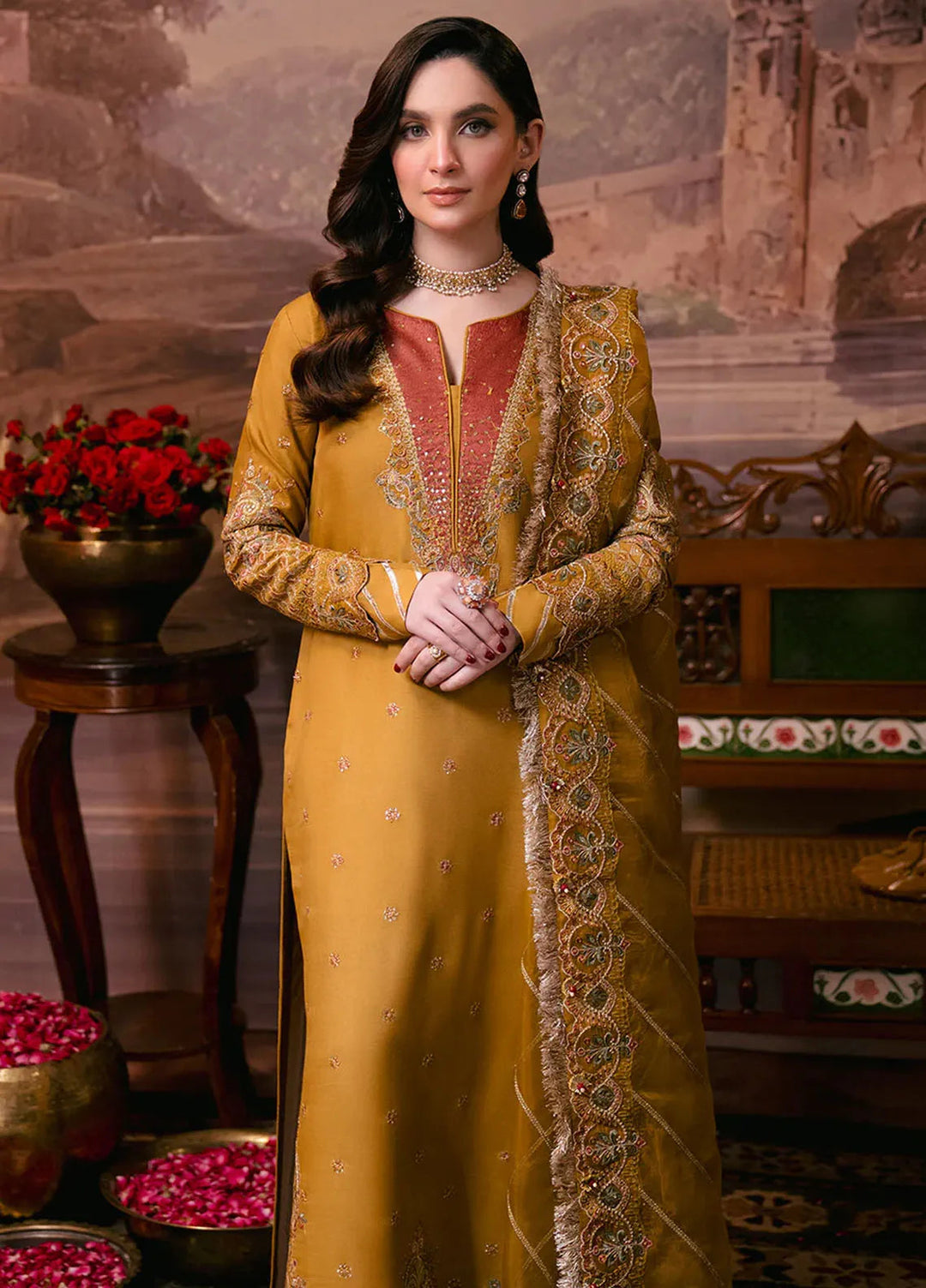 Shagun by Neeshay Embroidered Raw Silk Suit Unstitched 3 Piece NSH24SR Kesar - Festive Collection