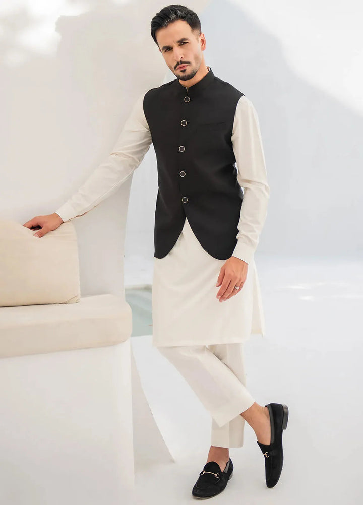 Shahjahan Fancy Men Kurta Pajama with Waistcoat - Black on Off White