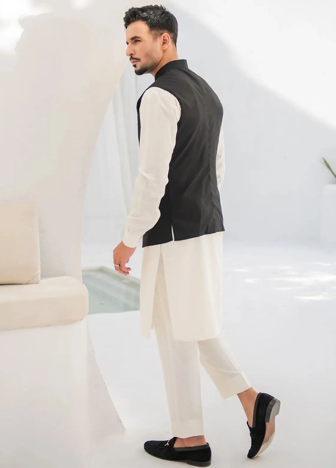 Shahjahan Fancy Men Kurta Pajama with Waistcoat - Black on Off White