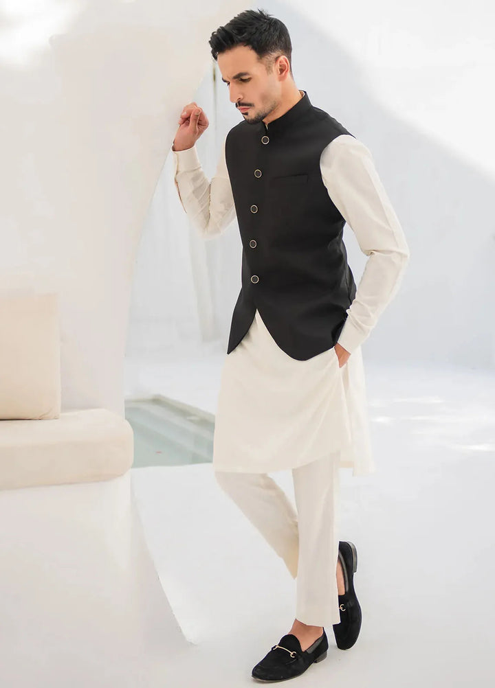 Shahjahan Fancy Men Kurta Pajama with Waistcoat - Black on Off White