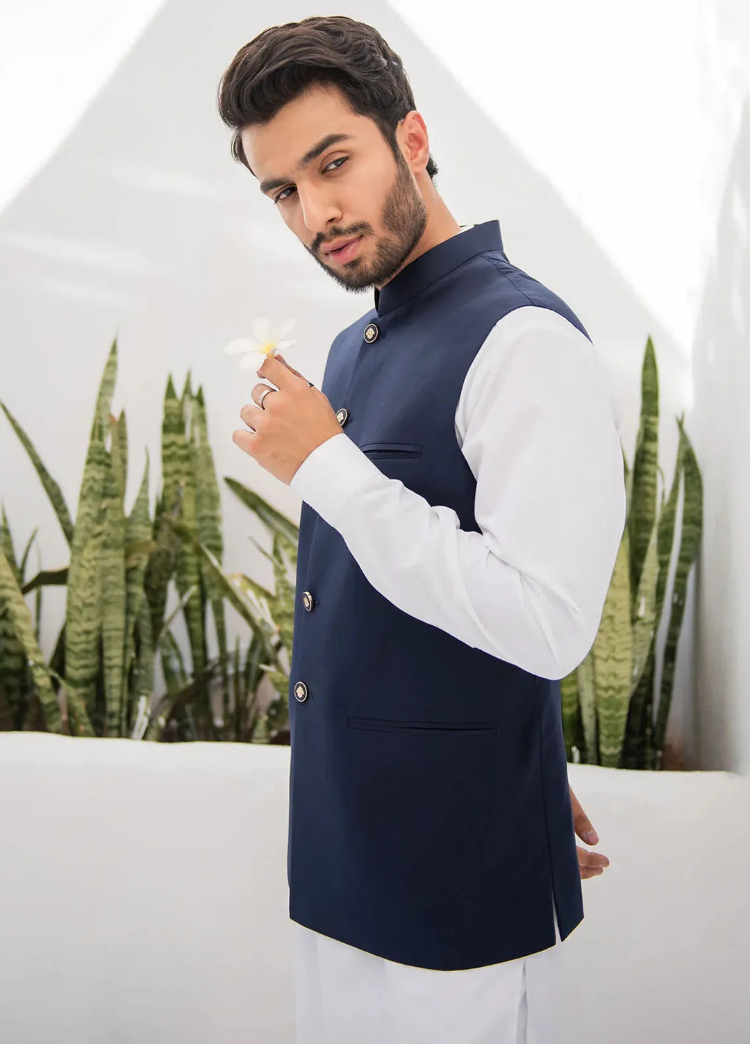Shahjahan Fancy Men Kurta Pajama with Waistcoat - Blue on Off White