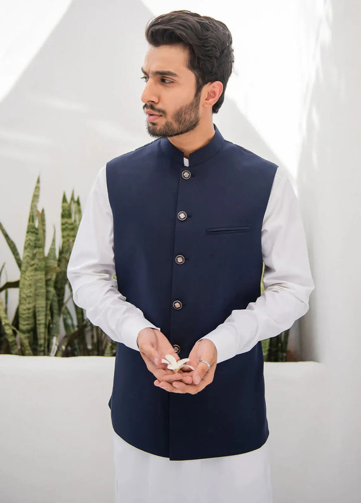 Shahjahan Fancy Men Kurta Pajama with Waistcoat - Blue on Off White