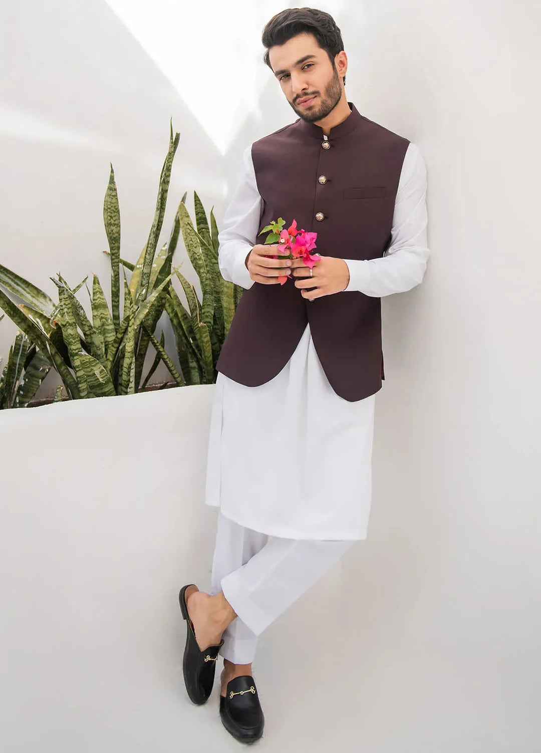 Shahjahan Fancy Men Kurta Pajama with Waistcoat - Chocolate Brown on Off White