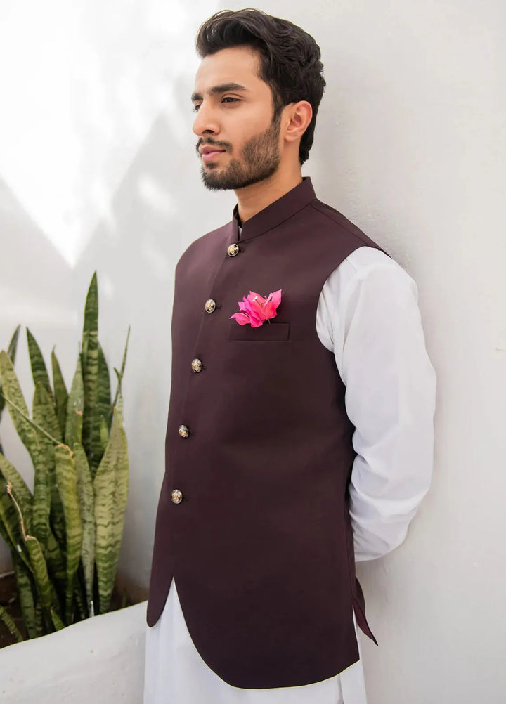 Shahjahan Fancy Men Kurta Pajama with Waistcoat - Chocolate Brown on Off White
