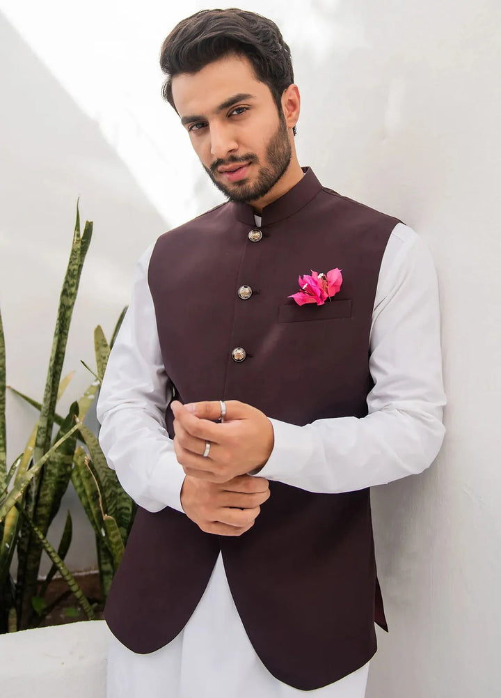 Shahjahan Fancy Men Kurta Pajama with Waistcoat - Chocolate Brown on Off White