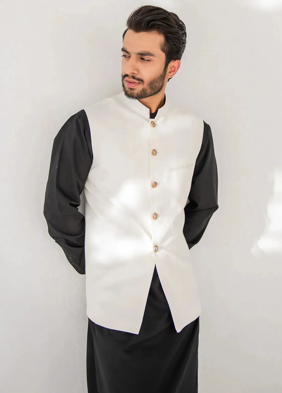 Shahjahan Fancy Men Kurta Pajama with Waistcoat - Off White on Black
