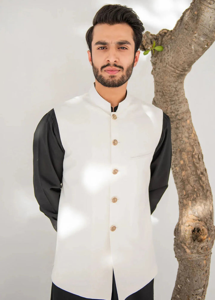 Shahjahan Fancy Men Kurta Pajama with Waistcoat - Off White on Black