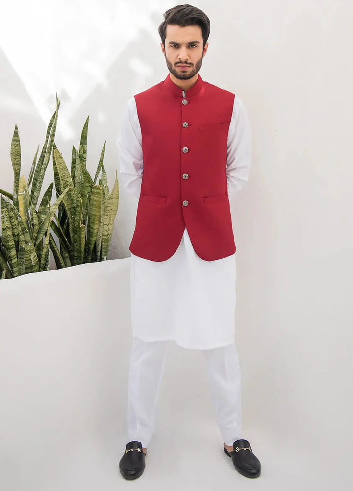 Shahjahan Fancy Men Kurta Pajama with Waistcoat - Red On Off White