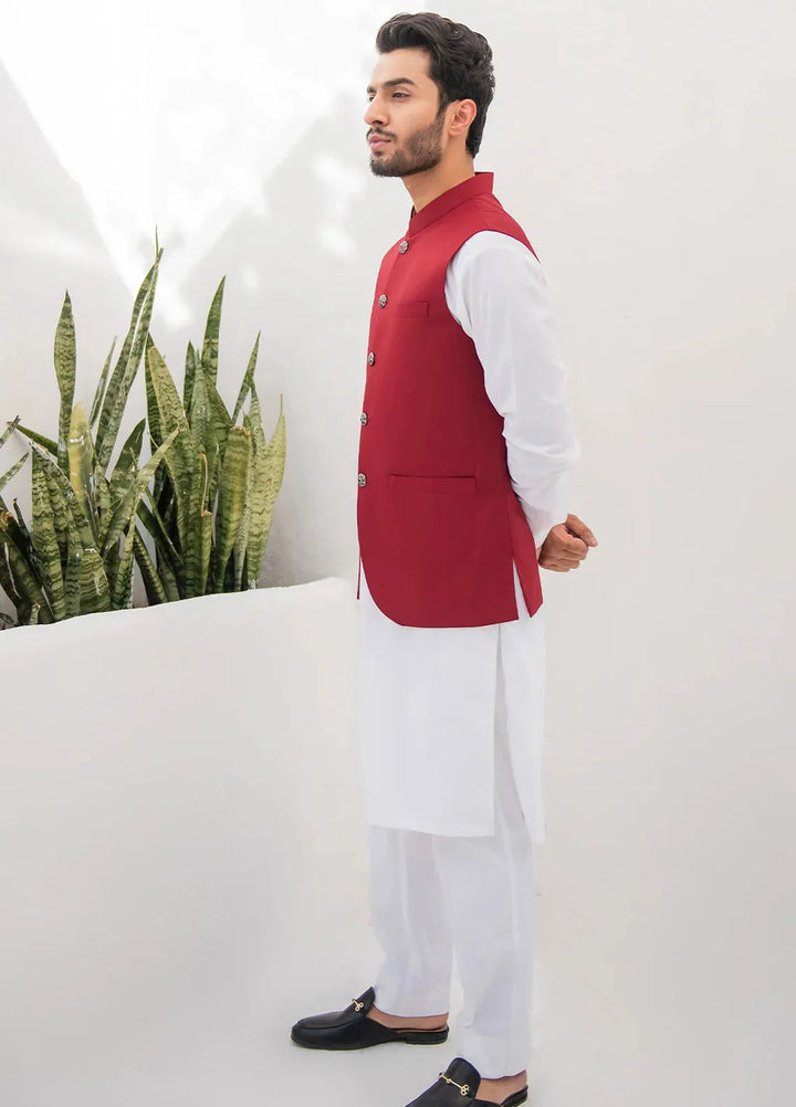 Shahjahan Fancy Men Kurta Pajama with Waistcoat - Red On Off White