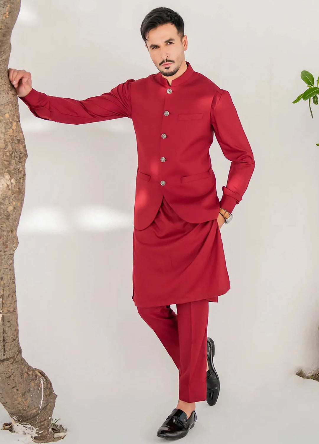 Shahjahan Fancy Men Kurta Pajama with Waistcoat - Red