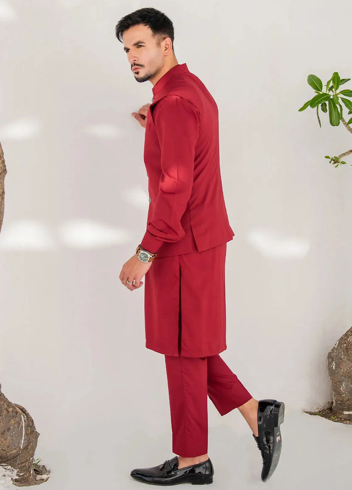 Shahjahan Fancy Men Kurta Pajama with Waistcoat - Red