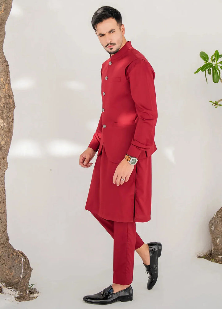 Shahjahan Fancy Men Kurta Pajama with Waistcoat - Red