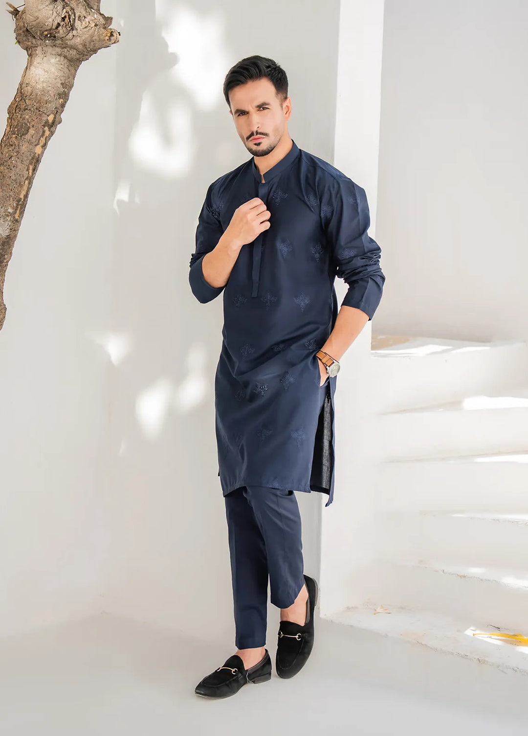 Shahjahan Lawn Embroidered Men Kurta Pajama - Blue