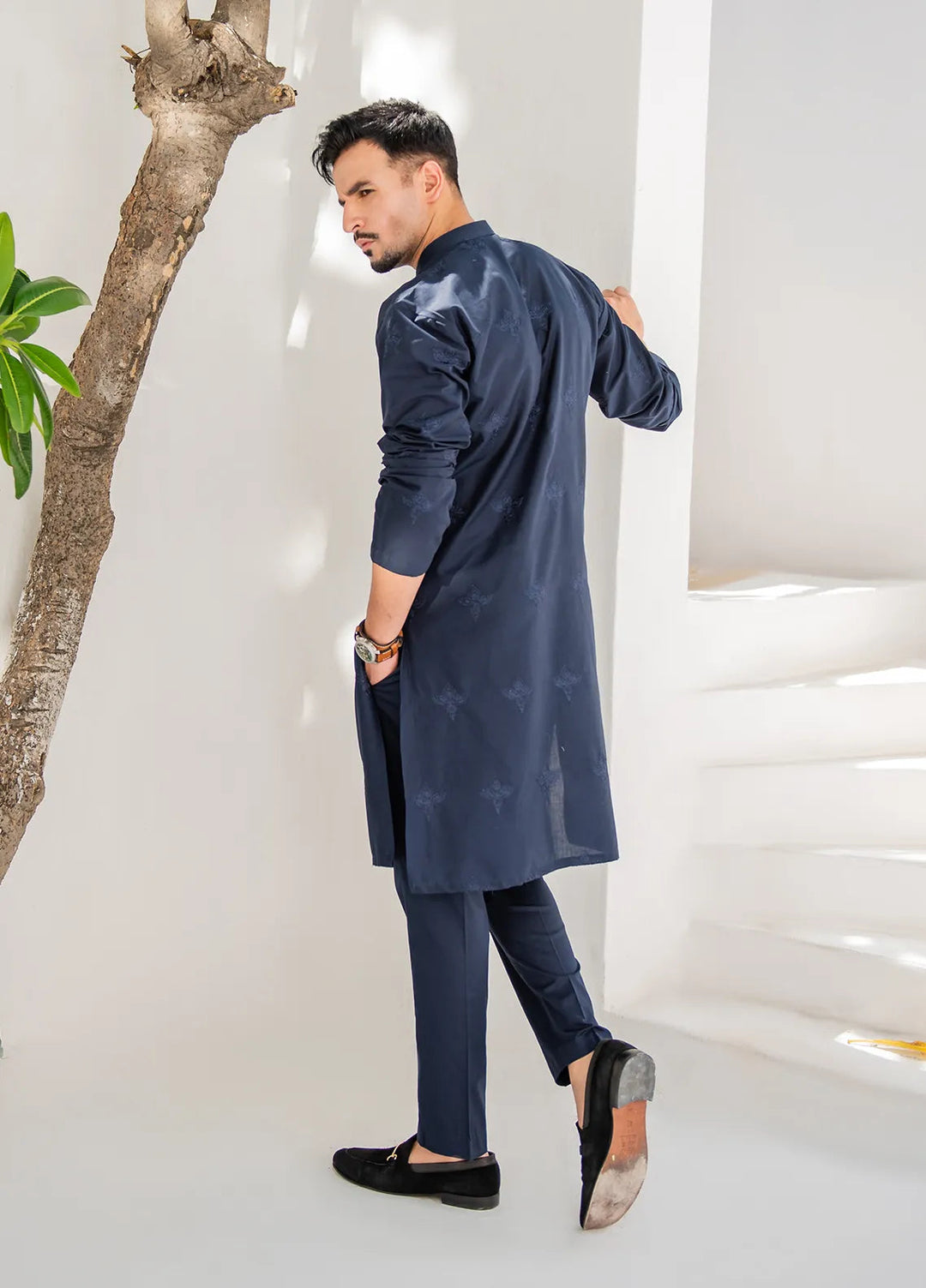 Shahjahan Lawn Embroidered Men Kurta Pajama - Blue