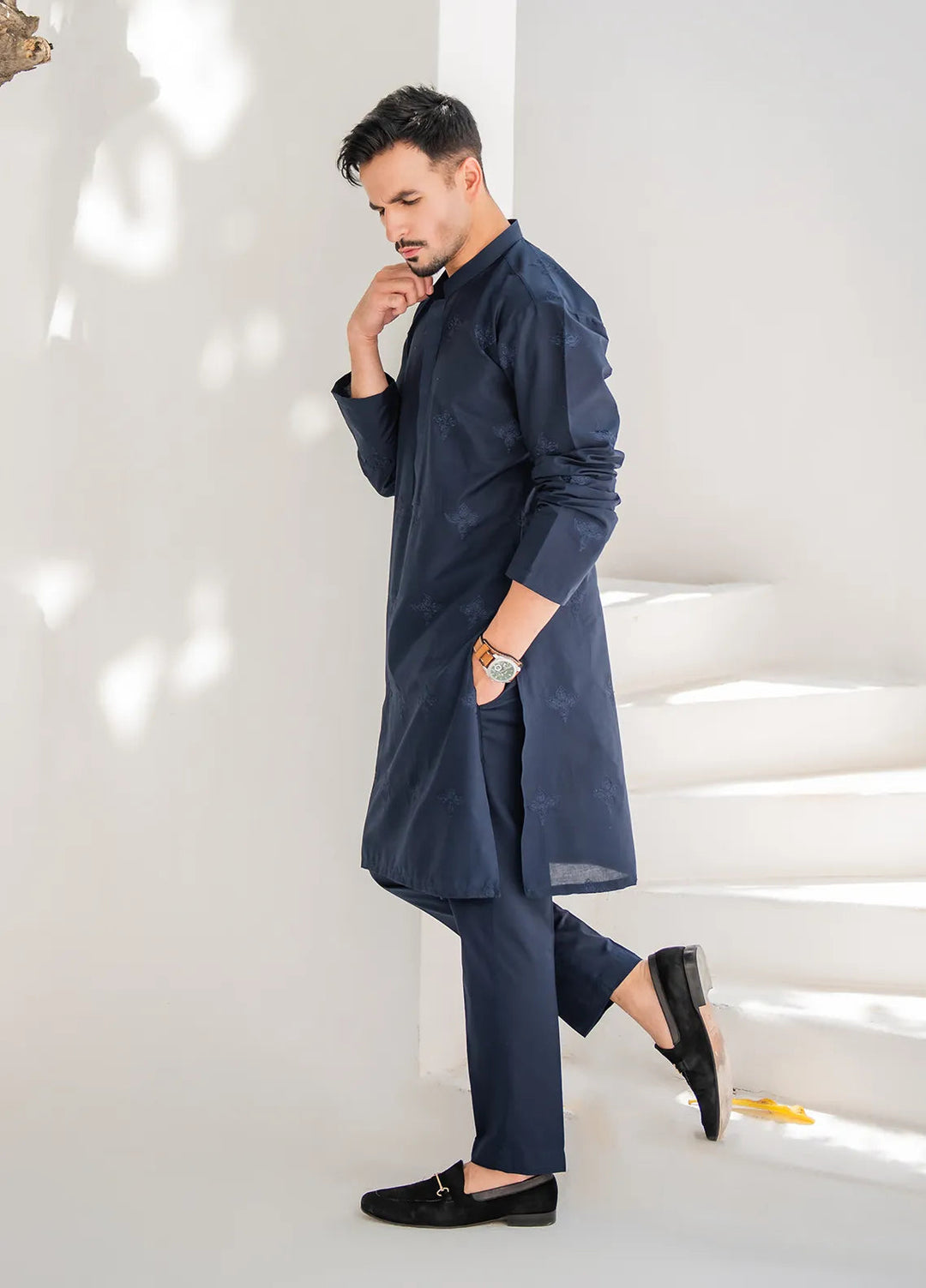 Shahjahan Lawn Embroidered Men Kurta Pajama - Blue