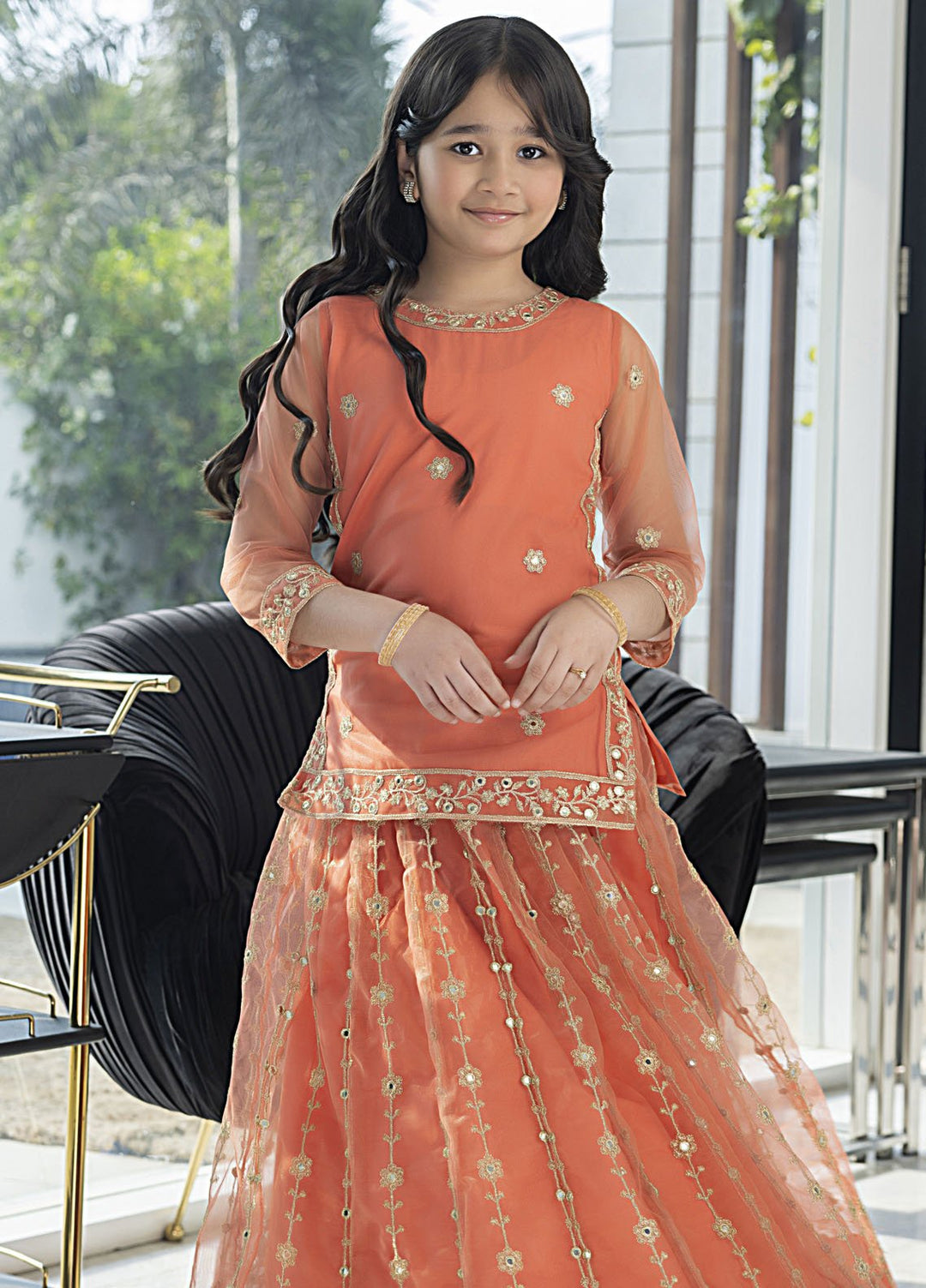 Shahzeb Textile Net Formal 2 Piece Suit for Girls -  Peach