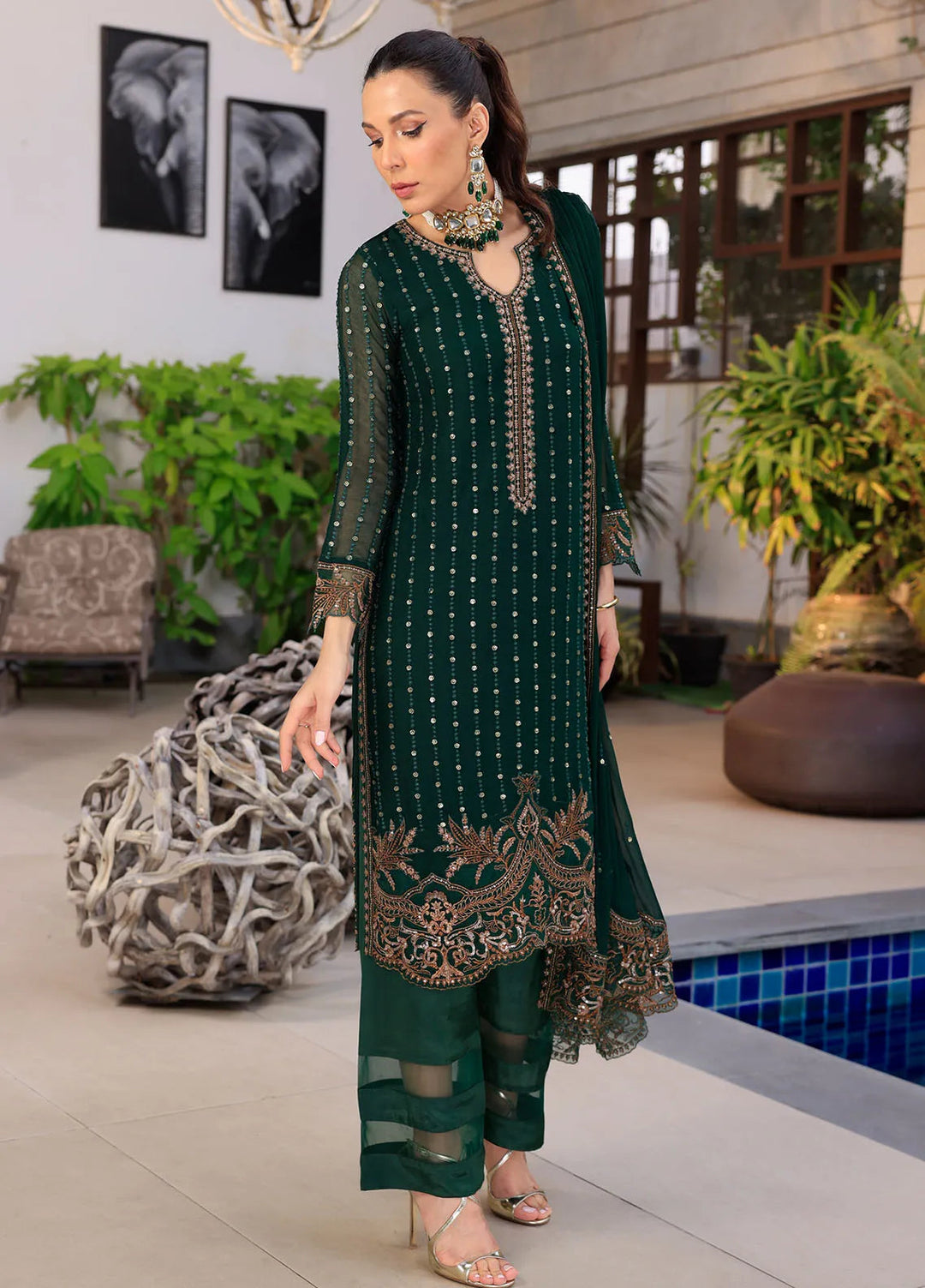 Shahzeb Textiles Pret Embroidered Chiffon 3 Piece Suit Racing Green