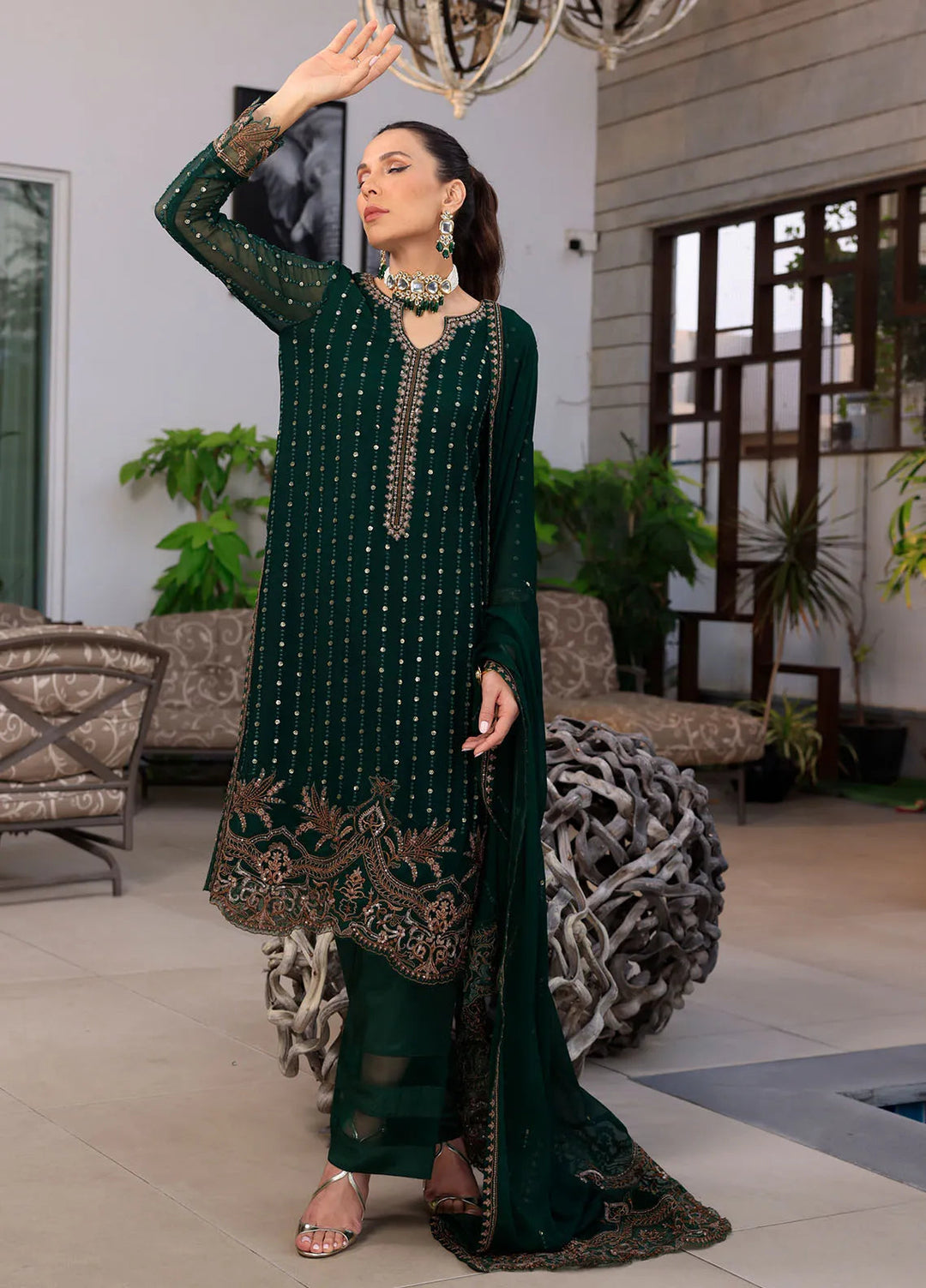 Shahzeb Textiles Pret Embroidered Chiffon 3 Piece Suit Racing Green