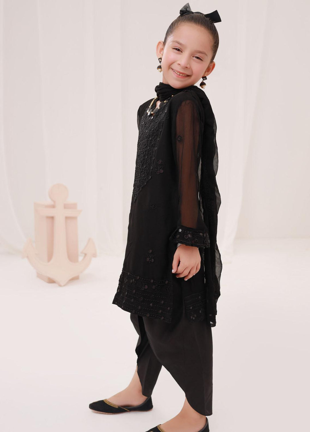 Shahzeb Textiles Chiffon Embroidered 3 Piece Suit for Girls -  ST23K Black