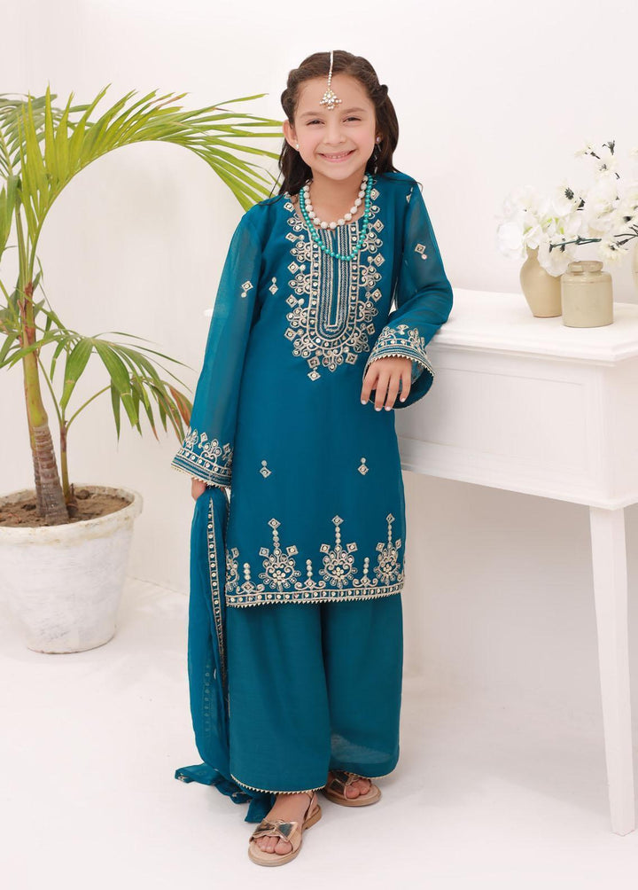 Shahzeb Textiles Chiffon Embroidered Girls 3 Piece Suit -  ST23K Blue