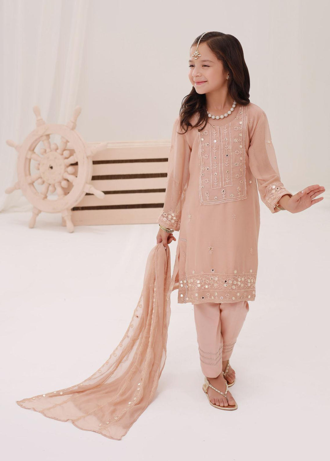 Shahzeb Textiles Chiffon Embroidered 3 Piece Suit for Girls -  ST23K Peach