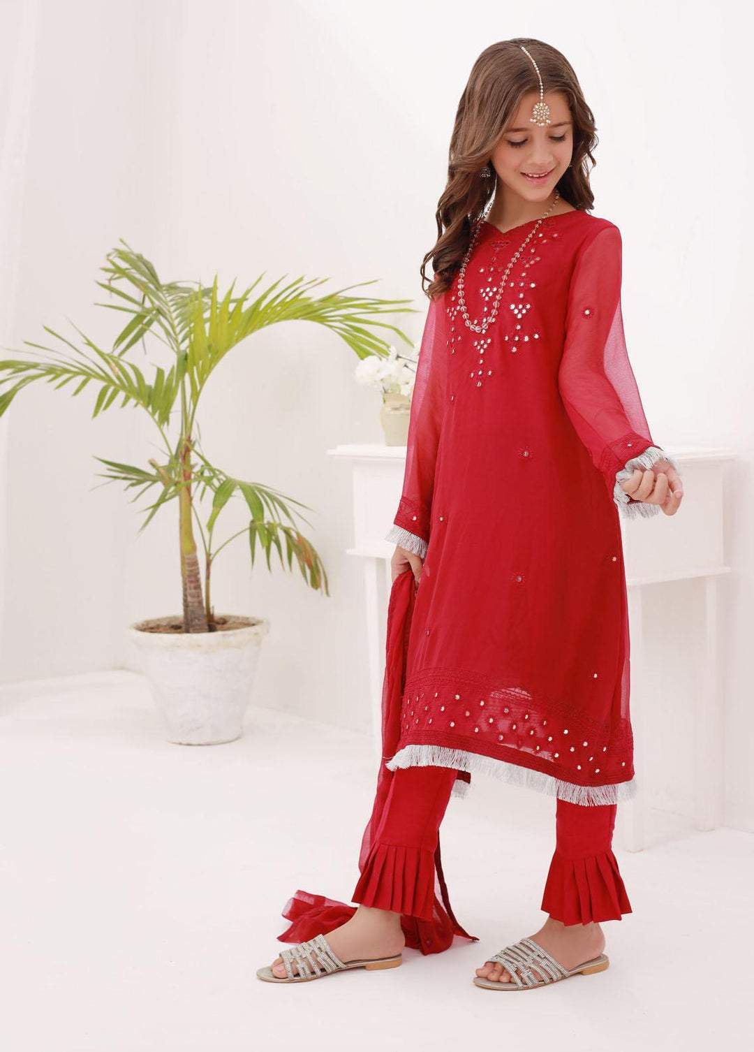 Shahzeb Textiles Chiffon Embroidered 3 Piece Suit for Girls -  ST23K Red