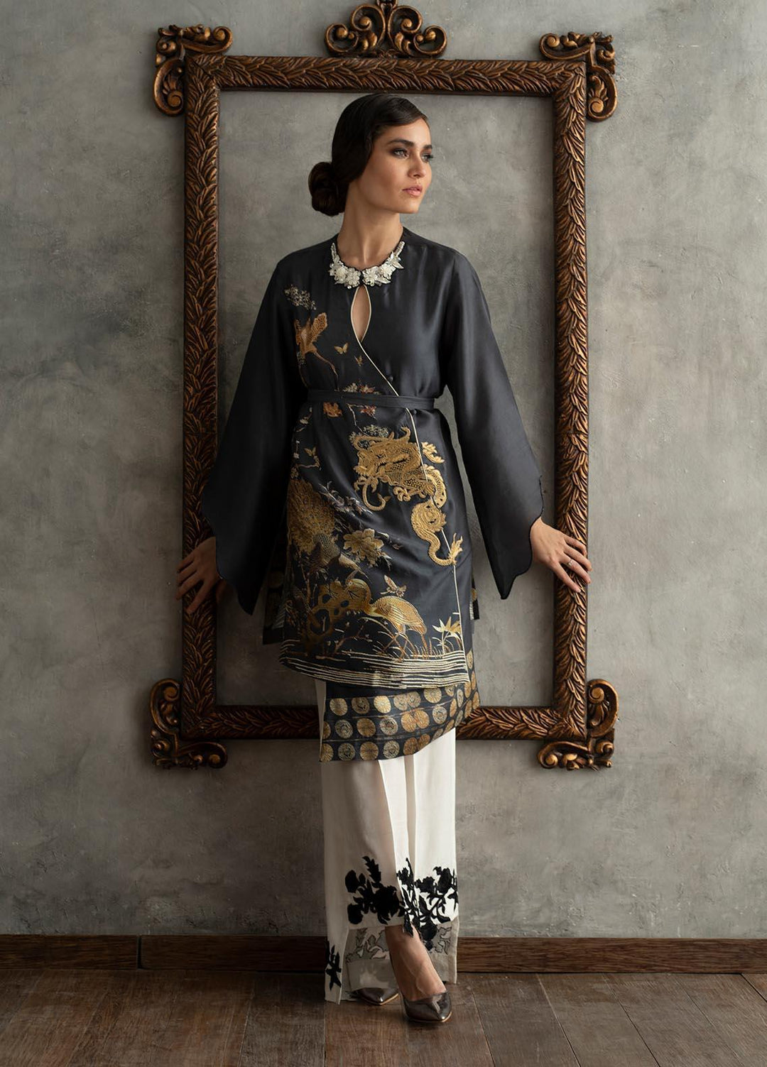 Shamaeel Ansari Luxury Pret  Silk Shirt JAPANESE B - BLACK