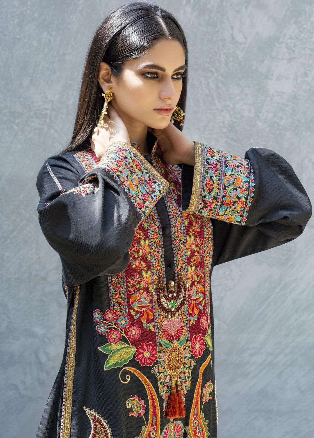 Shamaeel Ansari Luxury Pret  Silk Shirt SW-Ethnic black
