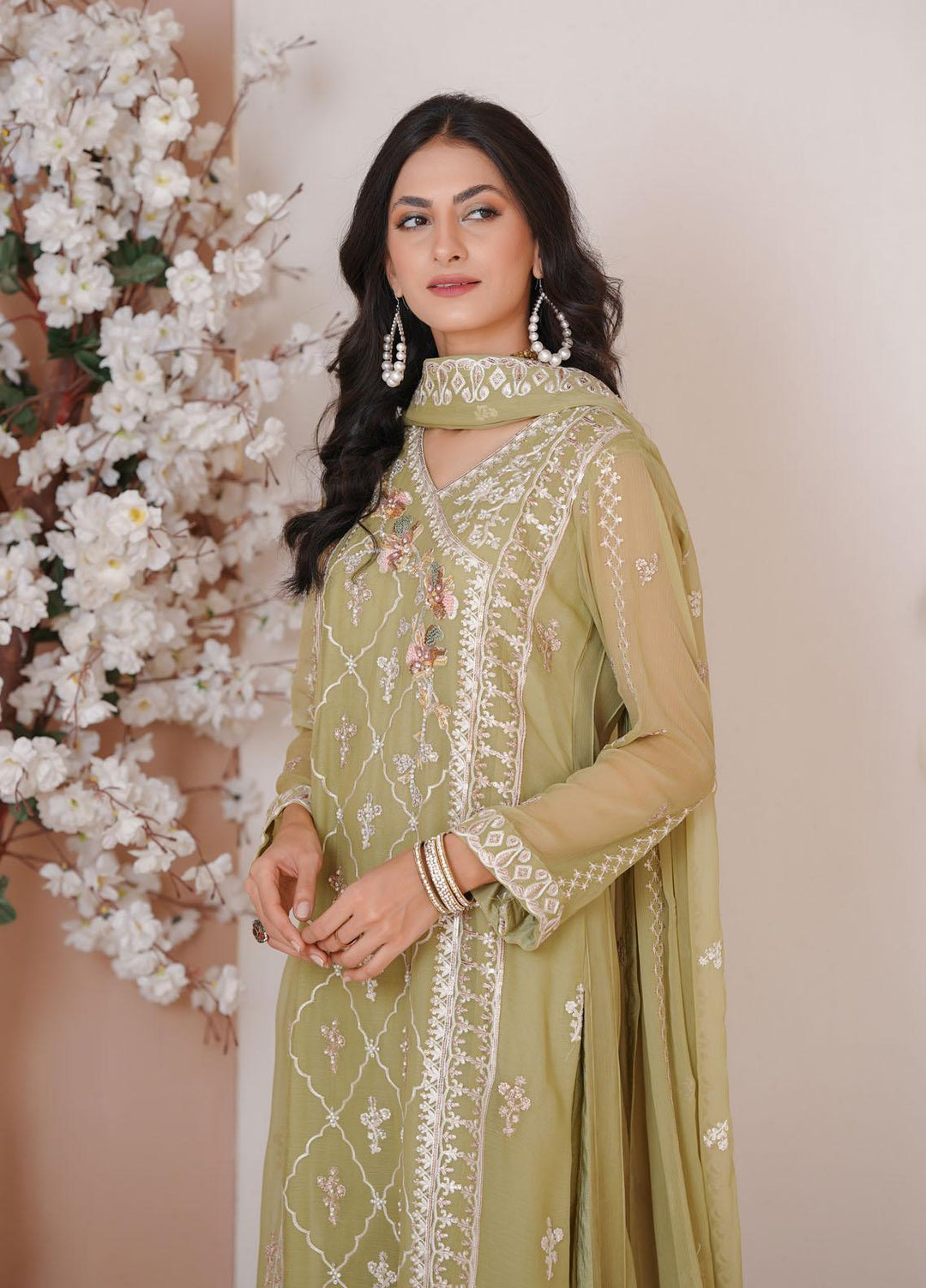 Shamooz Luxury Pret  Chiffon 3 Piece Suit Forest Green/SEM-0385