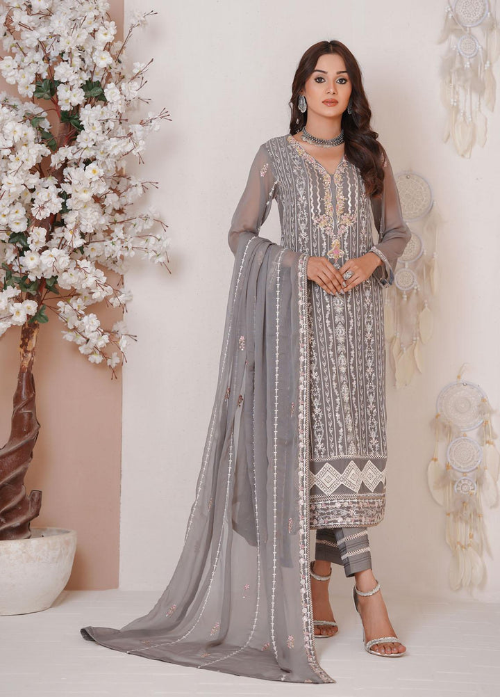 Shamooz Luxury Pret  Chiffon 3 Piece Suit Grey Dove/SEM-0384