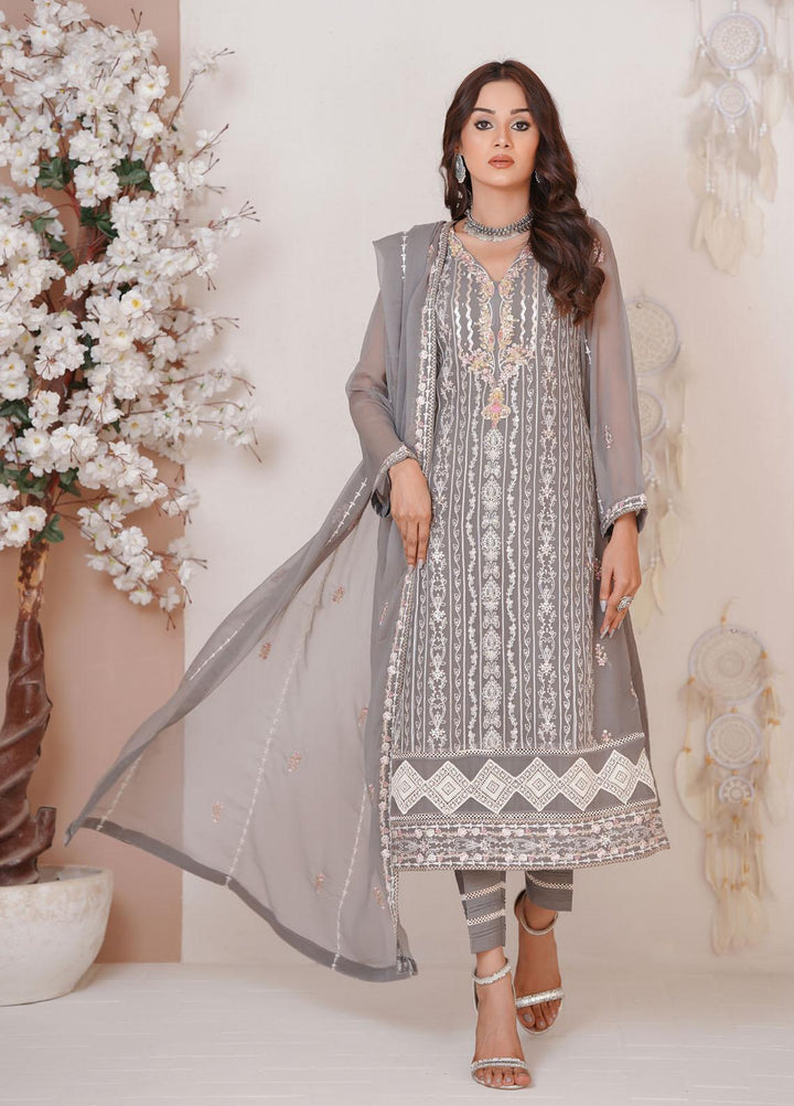 Shamooz Luxury Pret  Chiffon 3 Piece Suit Grey Dove/SEM-0384