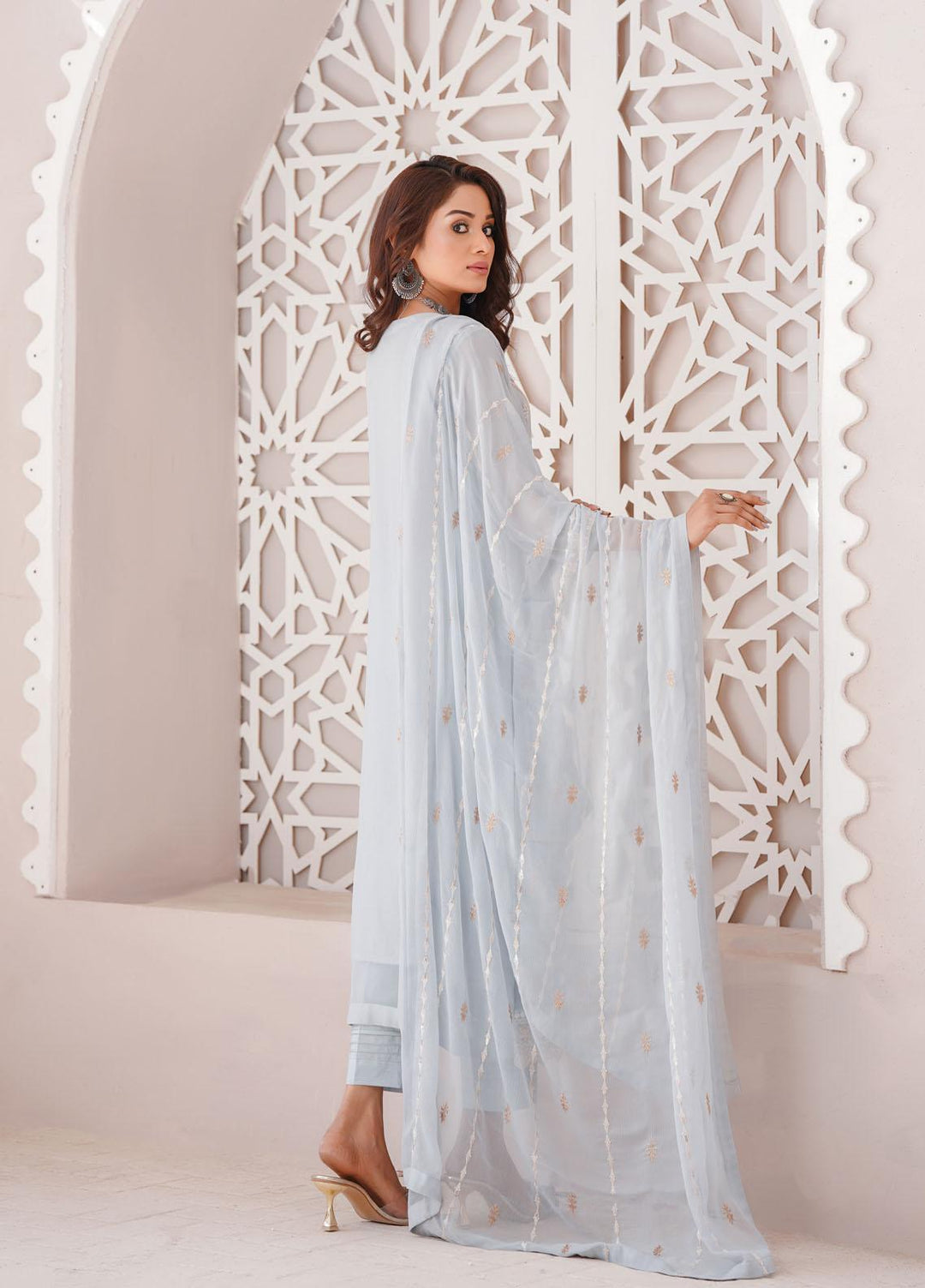 Shamooz Luxury Pret  Chiffon 3 Piece Suit Light Grey / SEM-0397