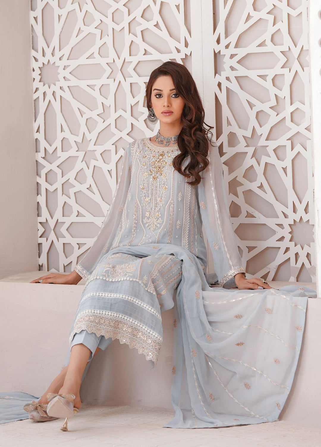 Shamooz Luxury Pret  Chiffon 3 Piece Suit Light Grey / SEM-0397