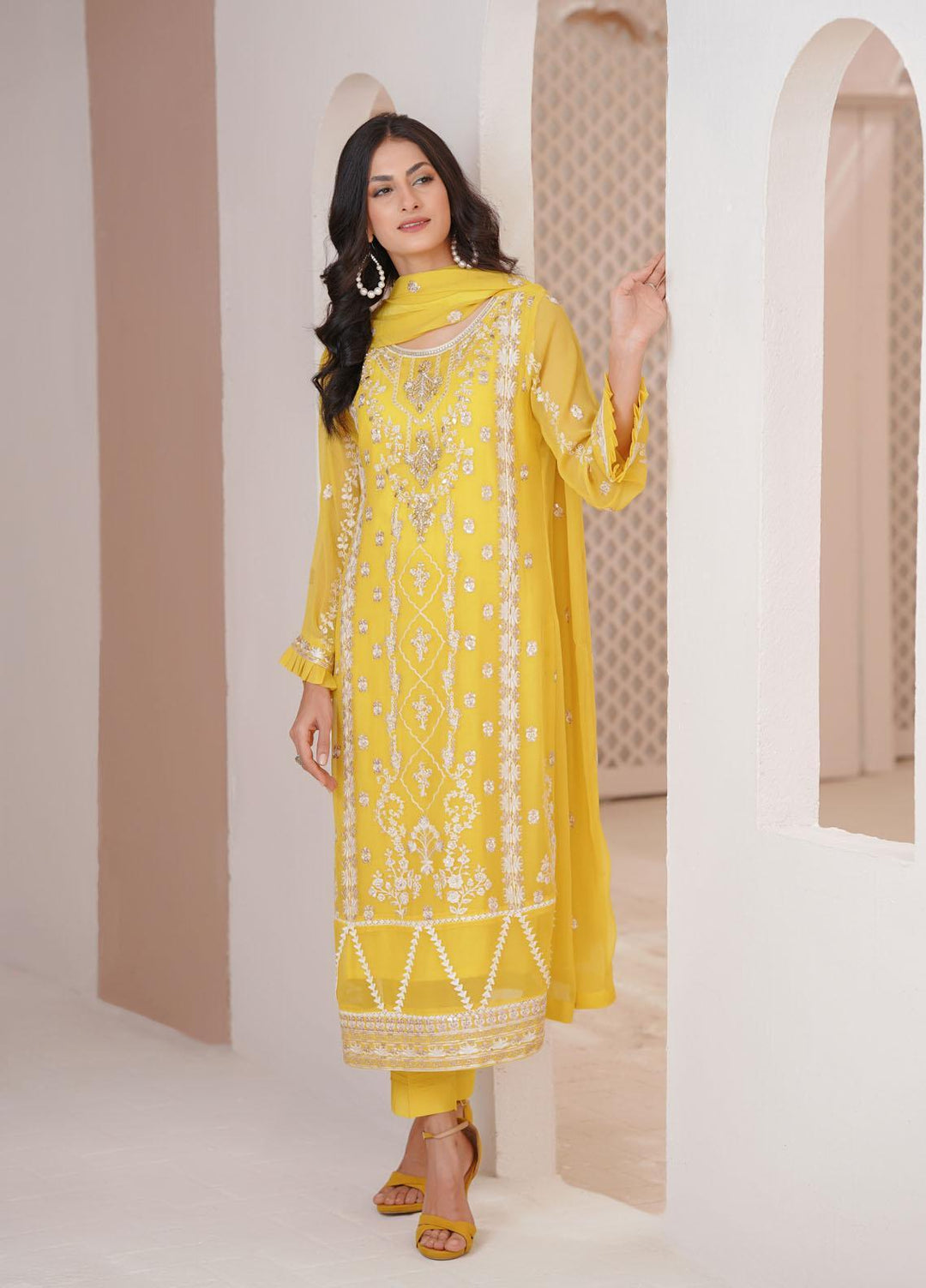 Shamooz Luxury Pret  Chiffon 3 Piece Suit Yellow / SEM-0389