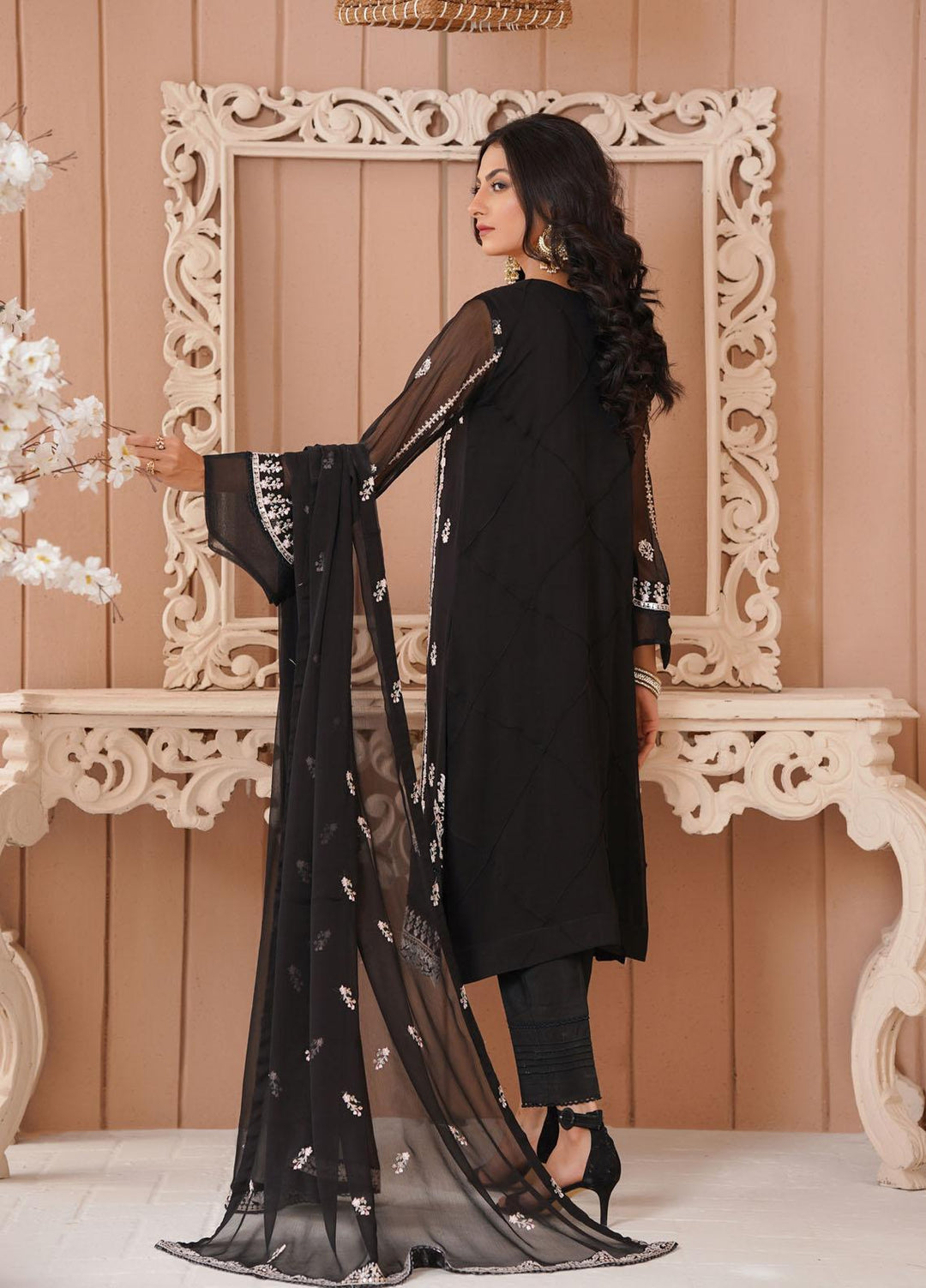 Shamooz Luxury Pret  Chiffon 3 Piece Suit Black/SEM-0383