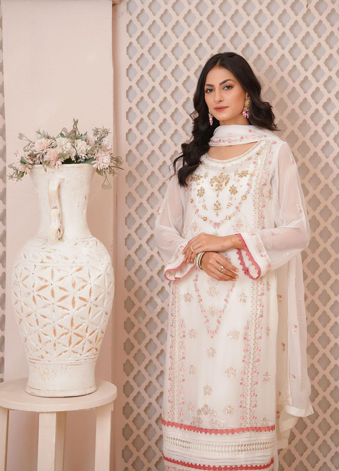 Shamooz Luxury Pret  Chiffon 3 Piece Suit Off White / SEM-0393