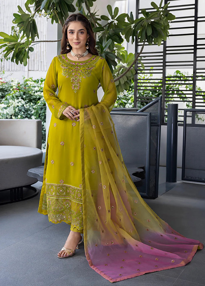 Shamooz Pret Embroidered Chiffon 3 Piece Suit Mustard Green SEM-0739