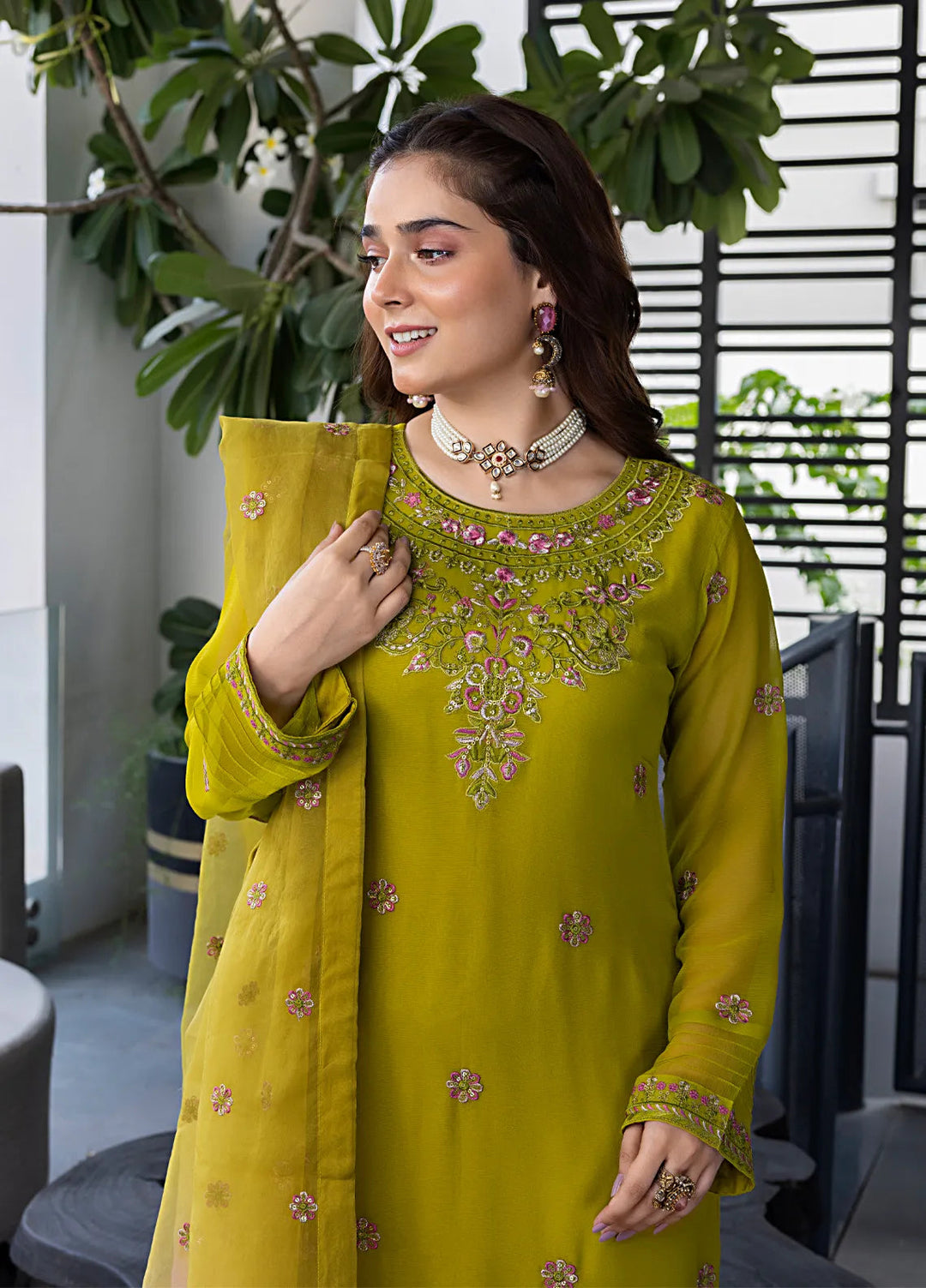 Shamooz Pret Embroidered Chiffon 3 Piece Suit Mustard Green SEM-0739