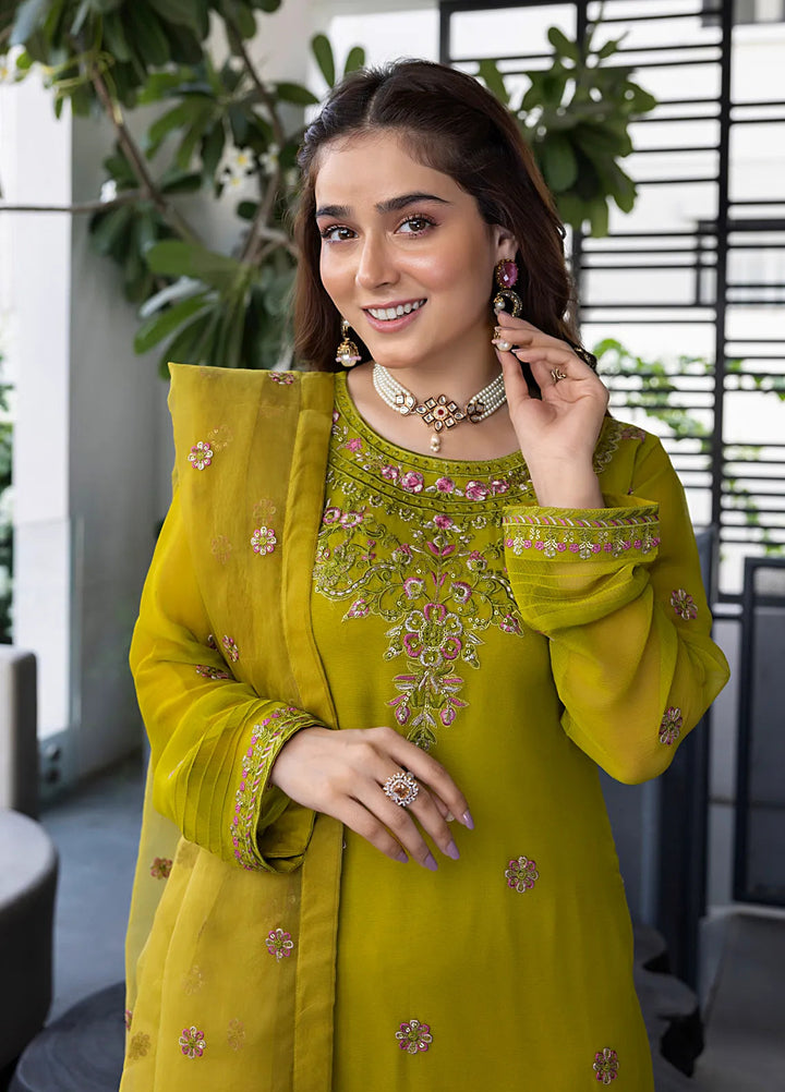 Shamooz Pret Embroidered Chiffon 3 Piece Suit Mustard Green SEM-0739