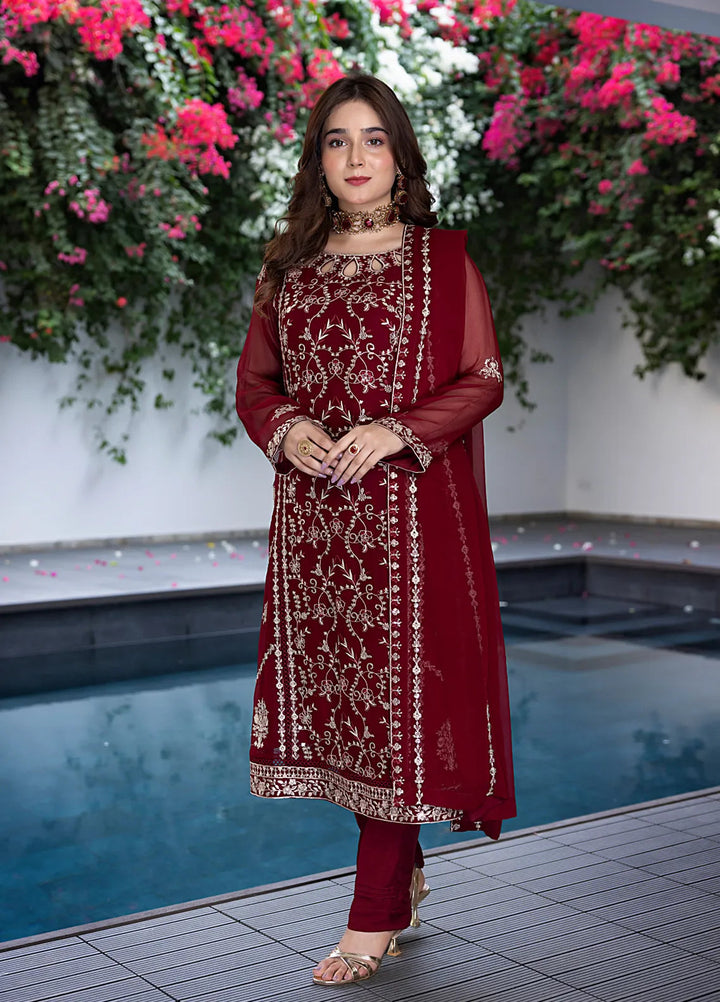 Shamooz Pret Embroidered Chiffon 3 Piece Suit Rose Wood SEM-0744