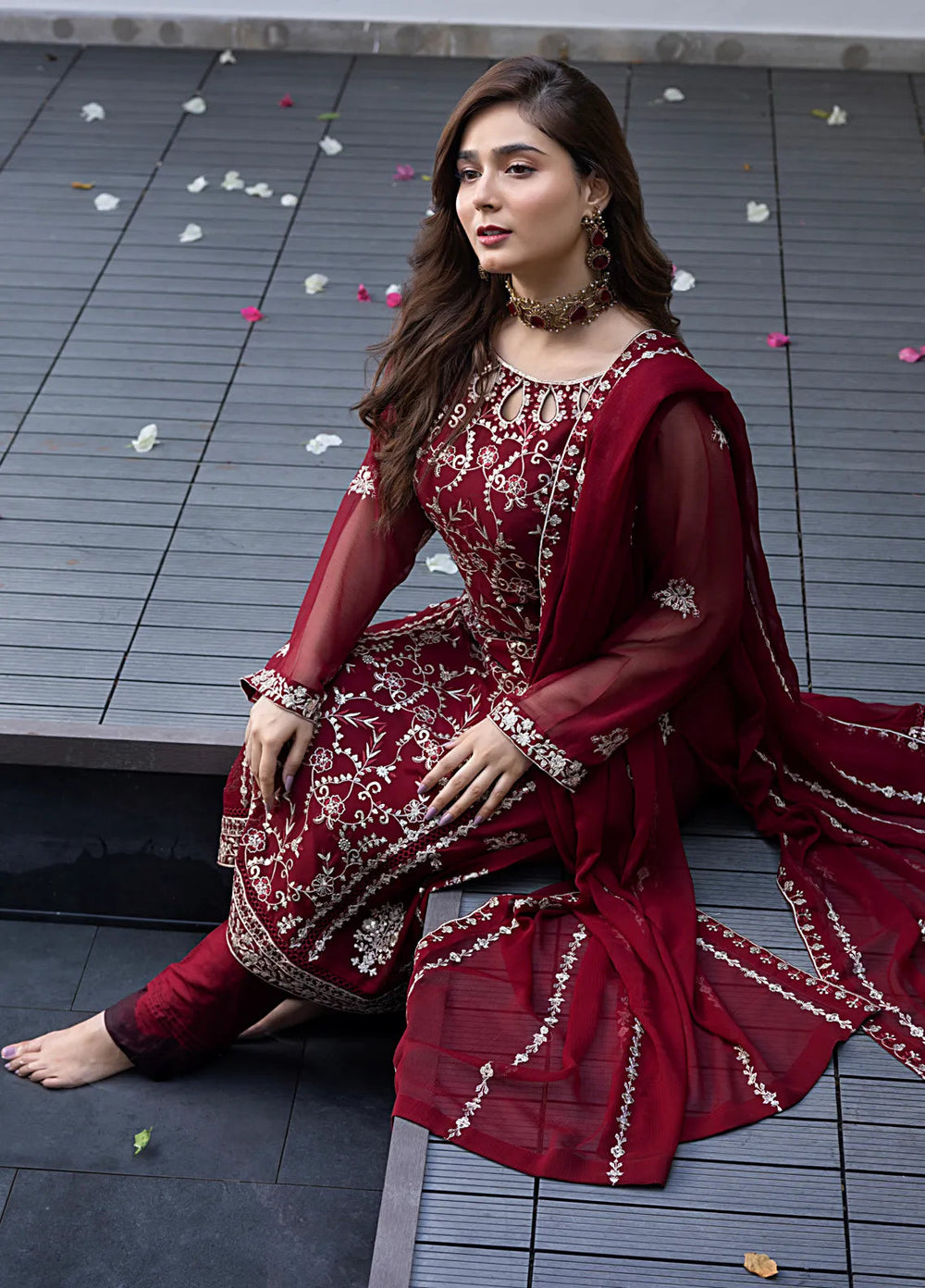 Shamooz Pret Embroidered Chiffon 3 Piece Suit Rose Wood SEM-0744