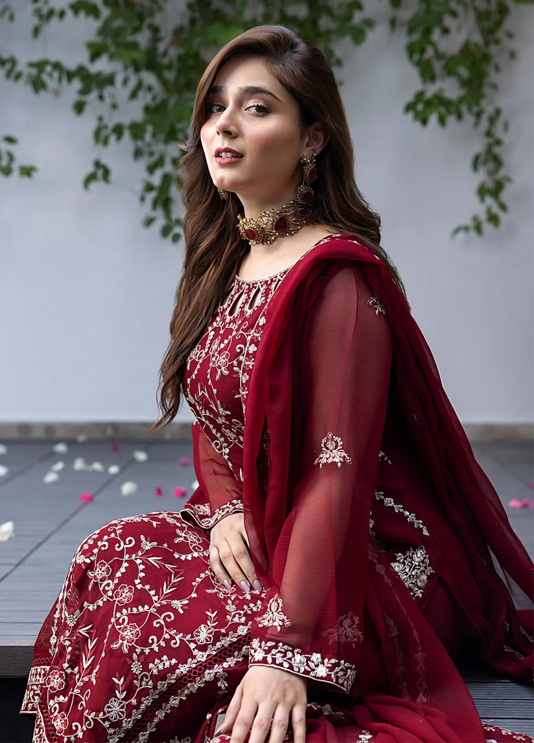 Shamooz Pret Embroidered Chiffon 3 Piece Suit Rose Wood SEM-0744